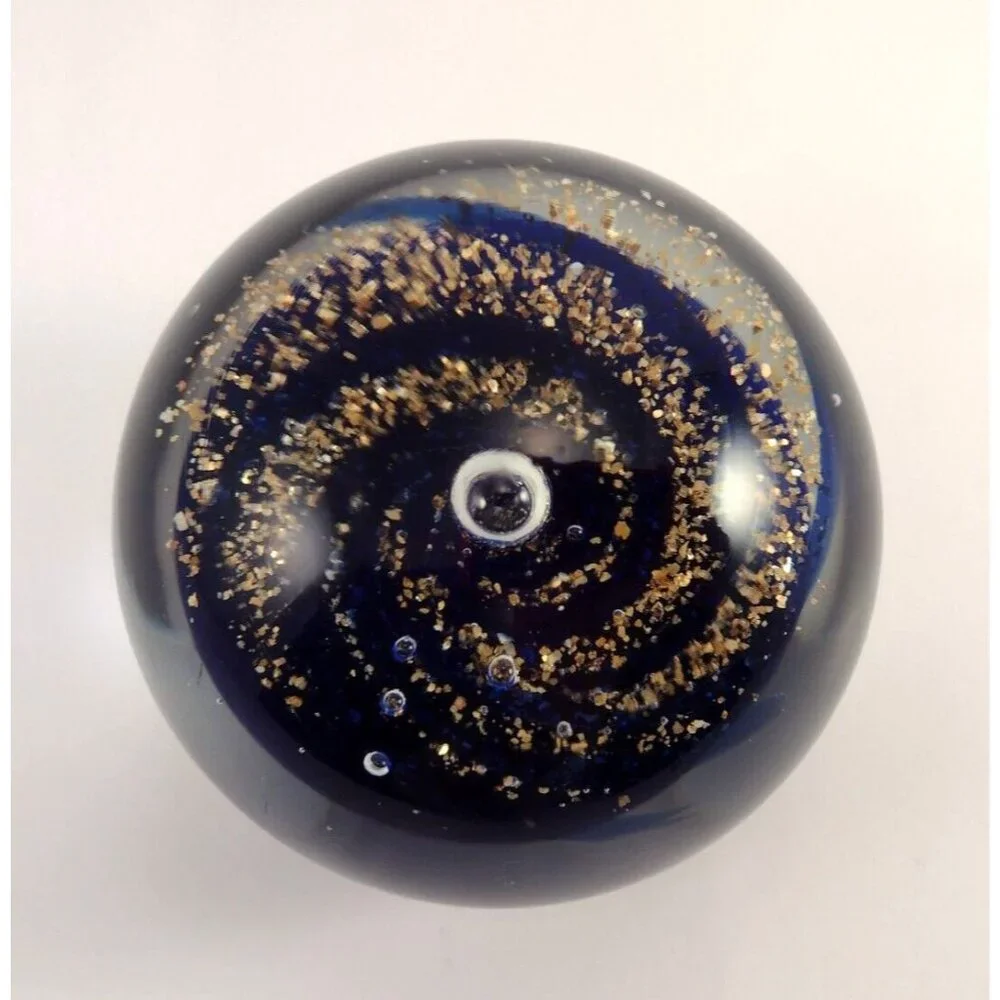 West Elm Blue Gold Large Galaxy Crystal Glass Paperweight Space Universe Retired